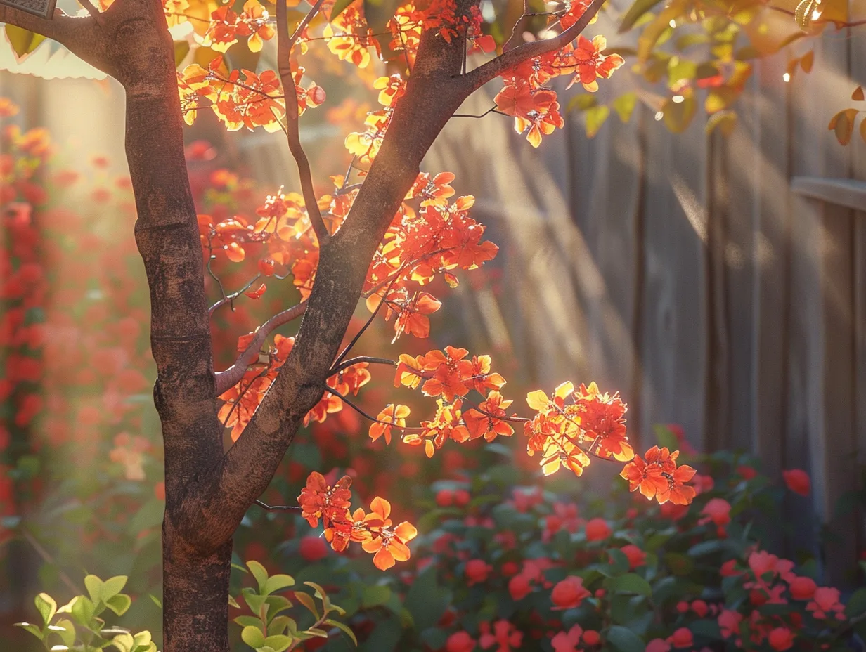 Tronc coloré d'un eucalyptus arc-en-ciel dans un jardin verdoyant