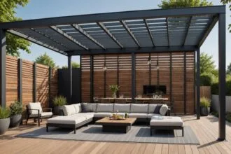 Pergola bioclimatique autoportée dans un jardin moderne et accueillant