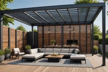 Pergola bioclimatique autoportée dans un jardin moderne et accueillant