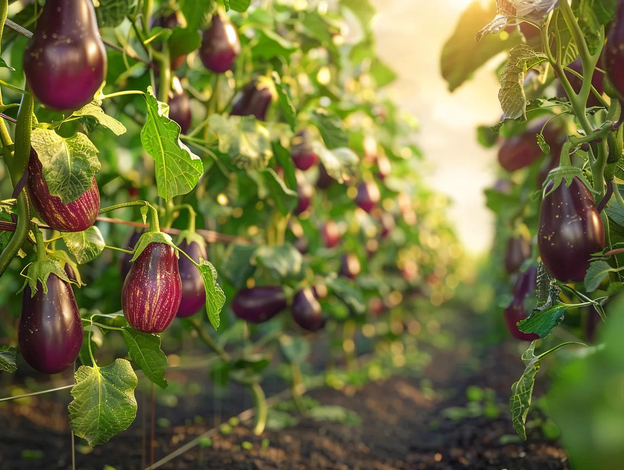 Plant d'aubergine soutenu par un tuteur pour une meilleure croissance