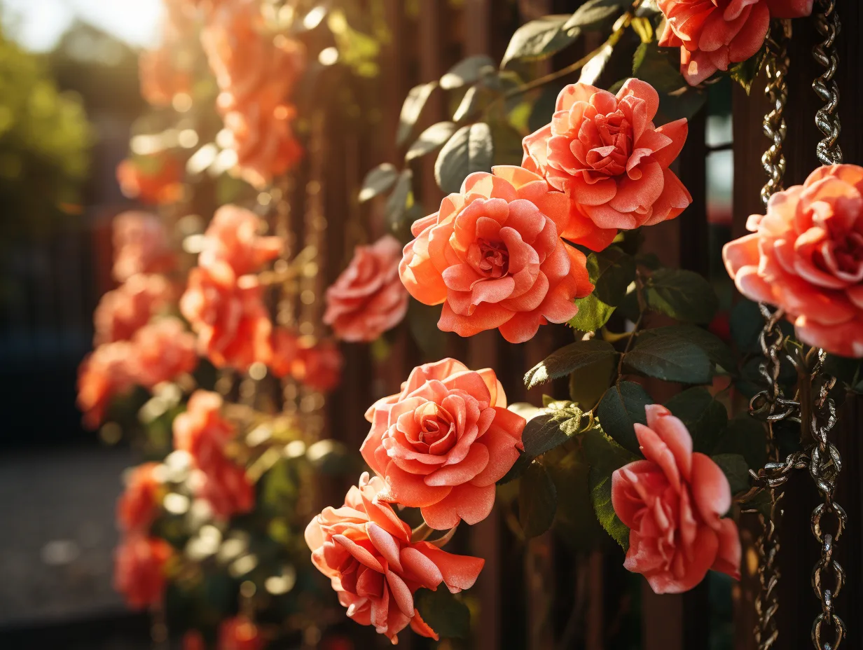 Clôture grillagée décorée avec des plantes et éléments esthétiques