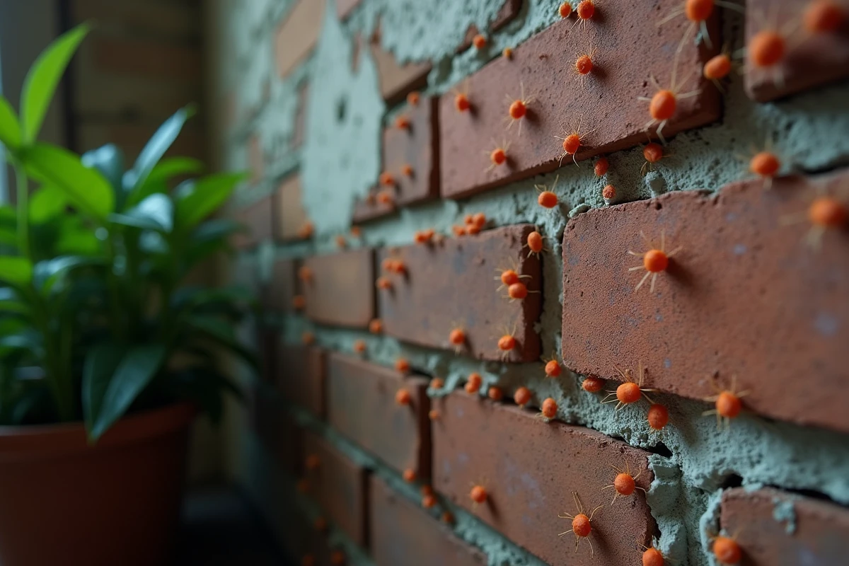 Petits acariens rouges sur un mur en briques intérieur avec plante verte en arrière-plan