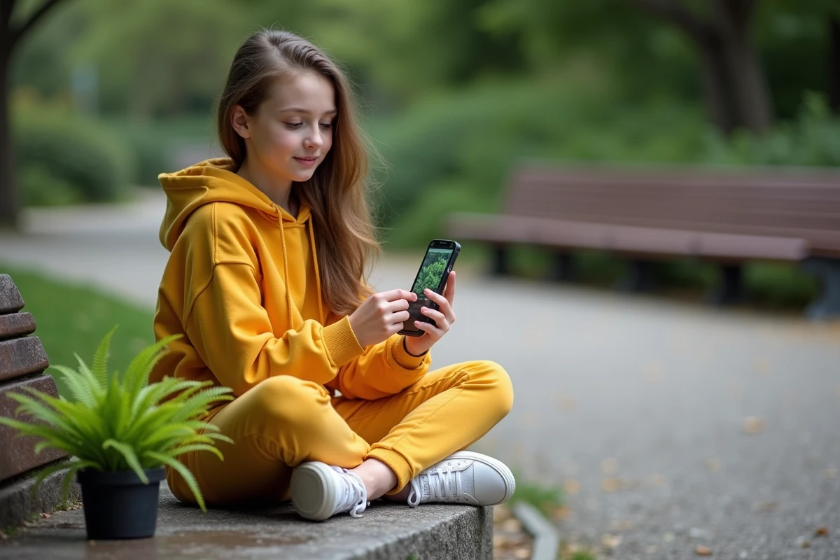 Adolescente assise sur un banc de parc consultant les résultats d'identification botanique de l'application PlantNet sur Android