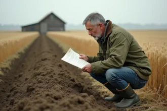 Agriculteur consultant un tableau de conversion d'unités de surface en hectares et ares au bord d'un champ cultivé