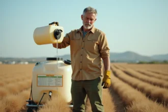 Agriculteur espagnol versant du glyphosate depuis un bidon de 5 litres dans une cuve de pulvérisateur au champ