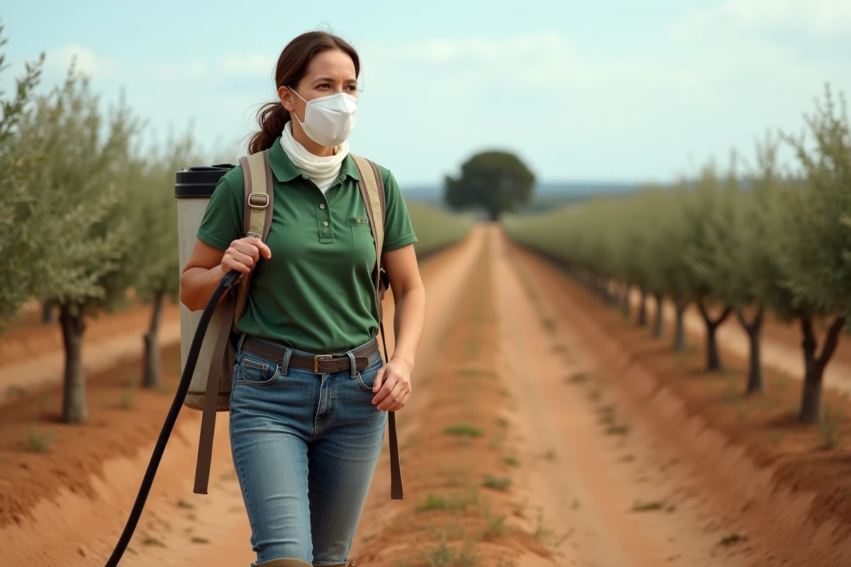 Agricultrice utilisant un pulvérisateur à dos pour appliquer du glyphosate dans un vignoble au Portugal