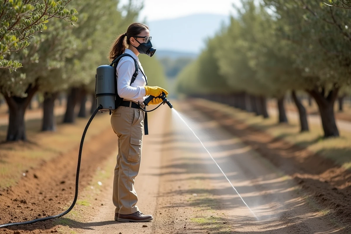 Agronome portant des équipements de protection individuelle en train de pulvériser du glyphosate dans un verger d'amandiers en Espagne