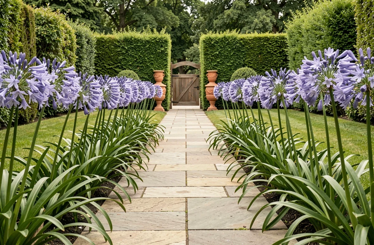 Allée de jardin transformée par une bordure d'agapanthes bleu-violet en fleurs menant vers un portail en bois