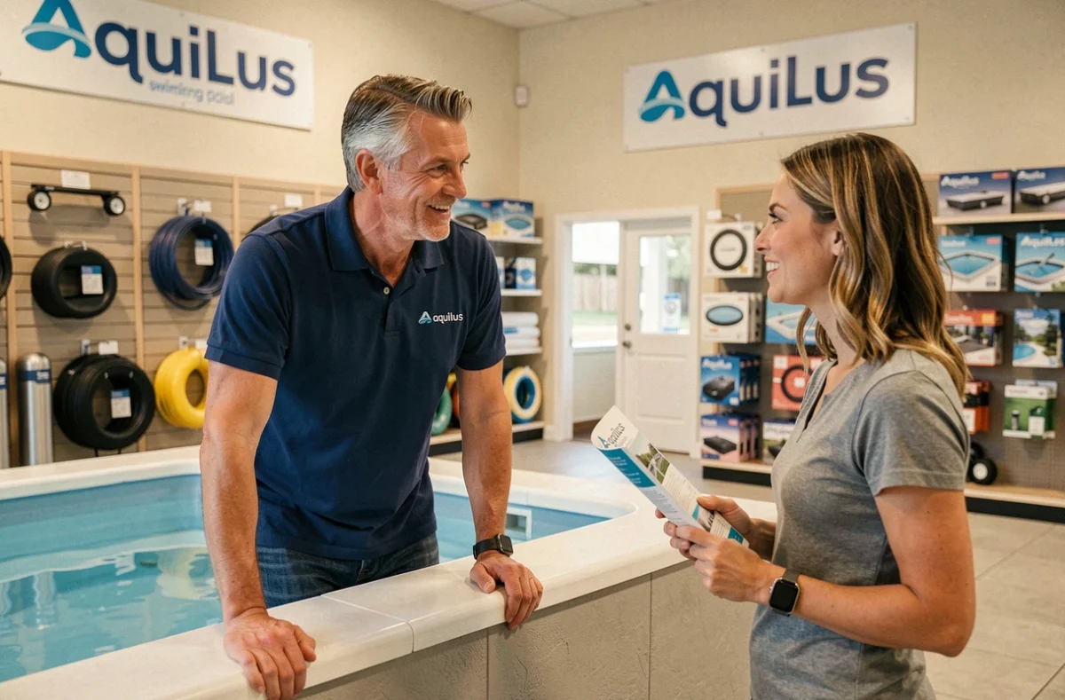 Showroom Aquilus Piscines avec un conseiller présentant les équipements de piscine à une cliente dans une agence du Nord