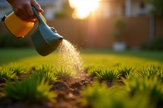 Personne arrosant une pelouse ensoleillée au lever du soleil