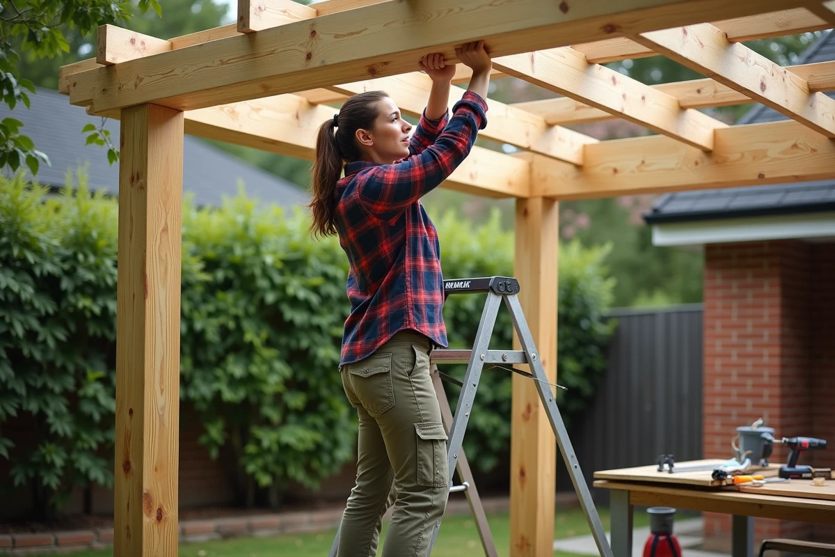 Femme posant une poutre horizontale en bois sur la structure d'une pergola en cours d'assemblage dans un jardin résidentiel