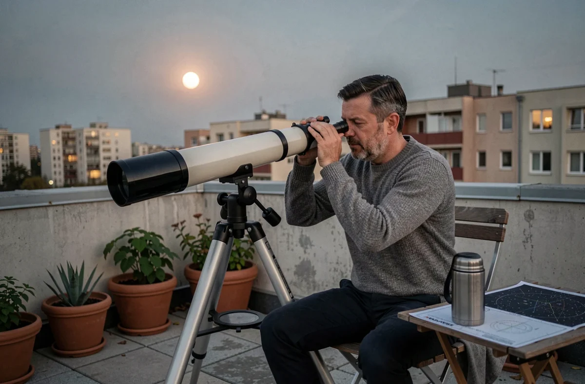 Astronome amateur utilisant un télescope sur un toit terrasse pour observer la lune de septembre 2026
