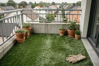 Balcon urbain moderne recouvert de pelouse synthétique pas chère avec des plantes en pot et une ambiance naturelle