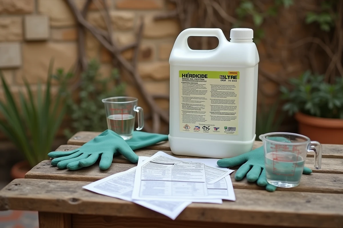 Bidon de glyphosate 5 litres avec doseur gradué et fiche de sécurité sur un établi en bois dans une ferme espagnole