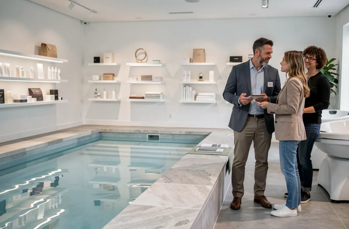 Showroom de Blue 2.0 Lille Piscines et Spas avec un conseiller présentant un modèle de spa à des clients