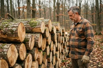 Homme examinant une pile de bois de chauffage en grume dans une clairière forestière en automne