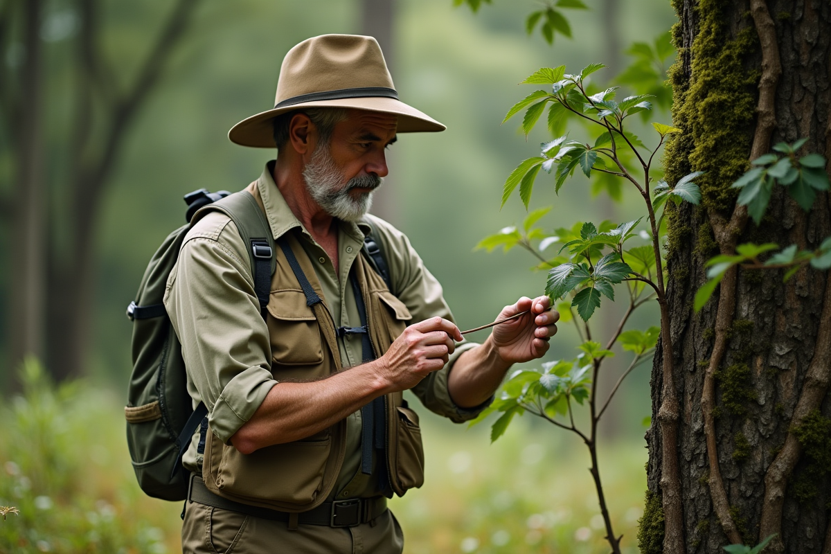 Botaniste examinant les feuilles d'un chêne en forêt