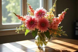 Bouquet de dahlias daphnes et digitales dans un vase lumineux