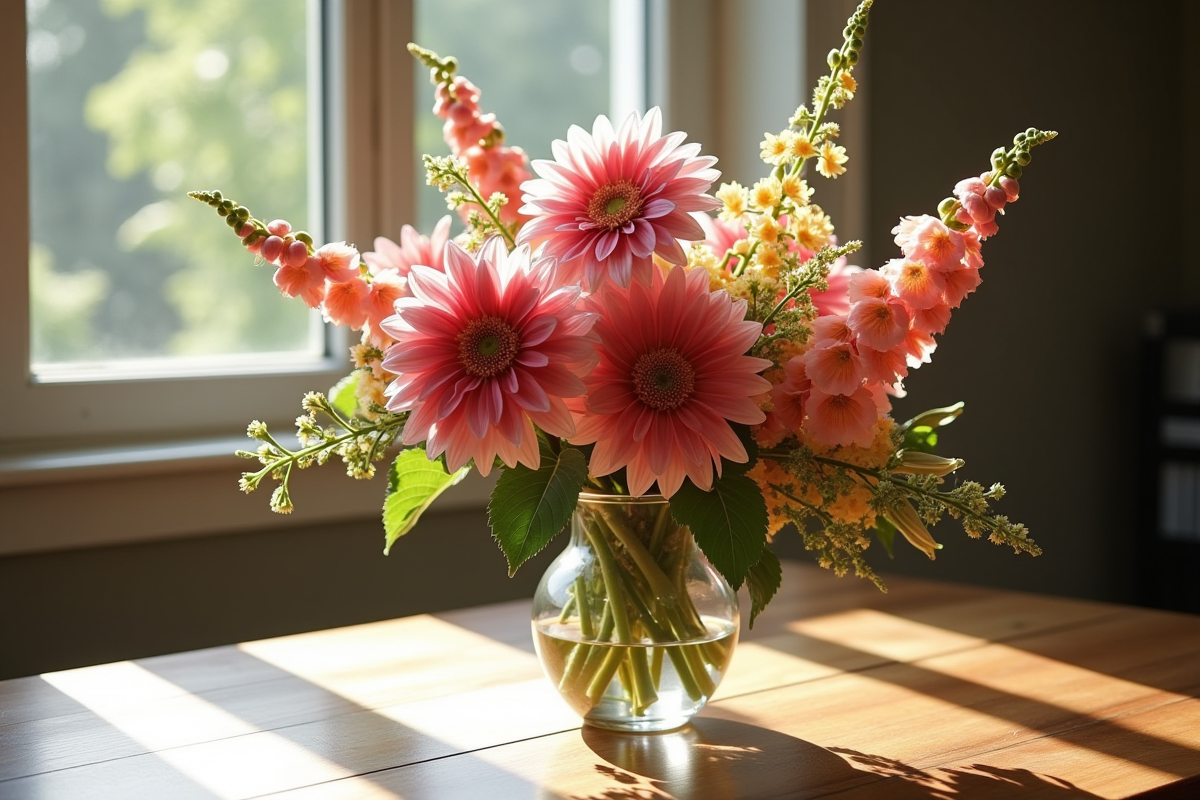 Bouquet de dahlias daphnes et digitales dans un vase lumineux