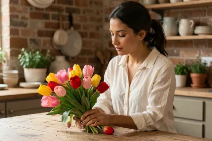 Femme arrangeant un bouquet de tulipes colorées sur une table en bois rustique dans une cuisine chaleureuse