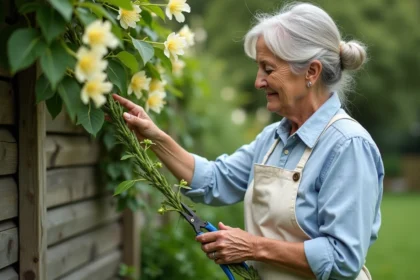 Femme qui prélève une bouture de chèvrefeuille sur une haie de jardin en bois au printemps