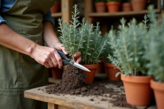 Mains de jardinière taillant une bouture de sauge arbustive au-dessus d'un établi en bois avec des pots en terre cuite et de la mousse de tourbe