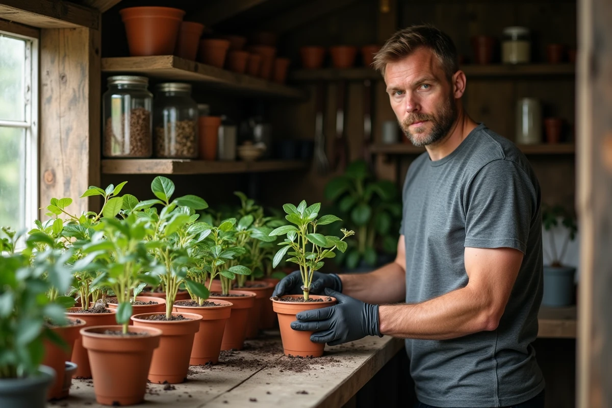 Mise en pot de boutures de chèvrefeuille dans un atelier de jardinage avec des pots en terre cuite