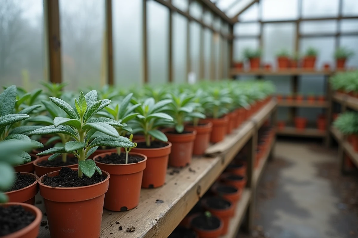 Rangée de boutures de sauge arbustive en petits pots dans une serre froide en automne pour conservation hivernale