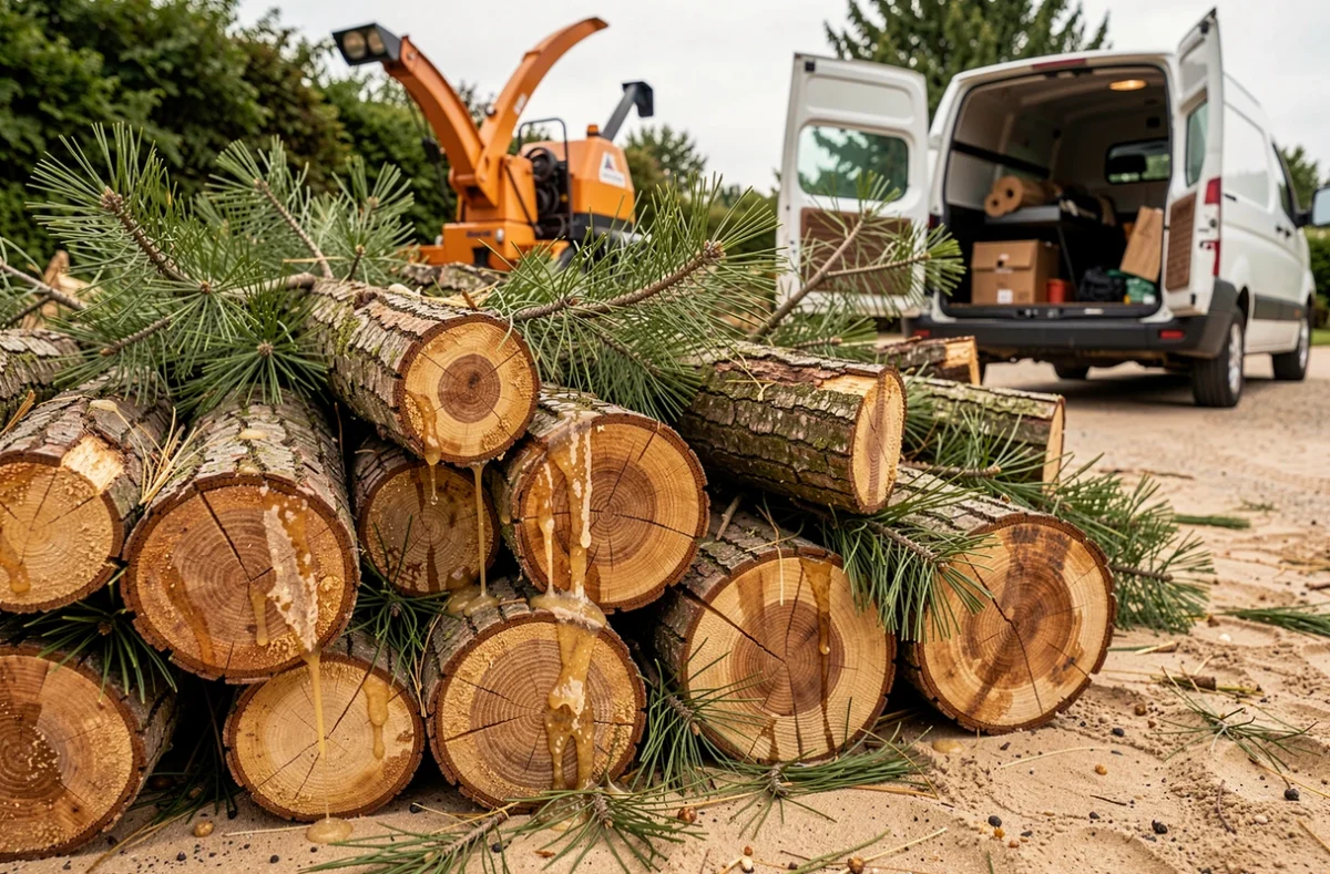 Branches et rondins de pin fraîchement élaguées empilés sur une allée sablonneuse dans les Landes, avec résine visible sur les coupes