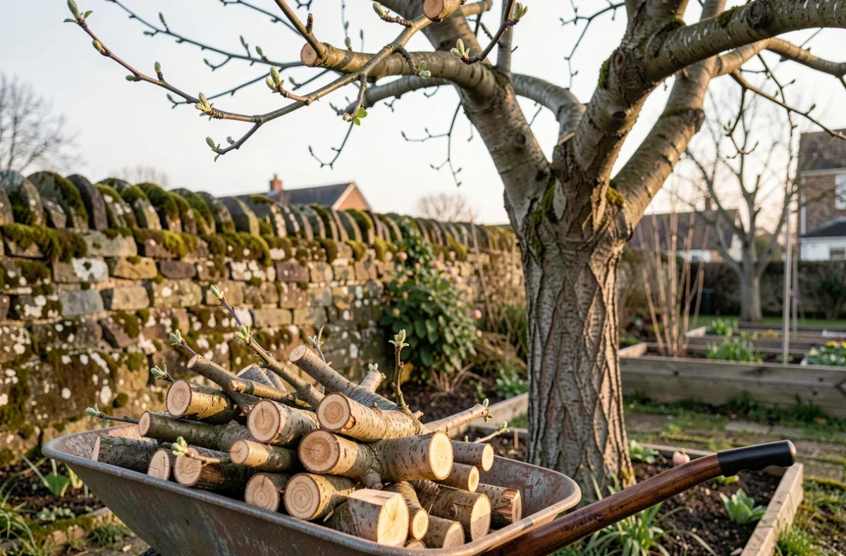 Branches taillées de pommier dans brouette après élagage printanier au jardin