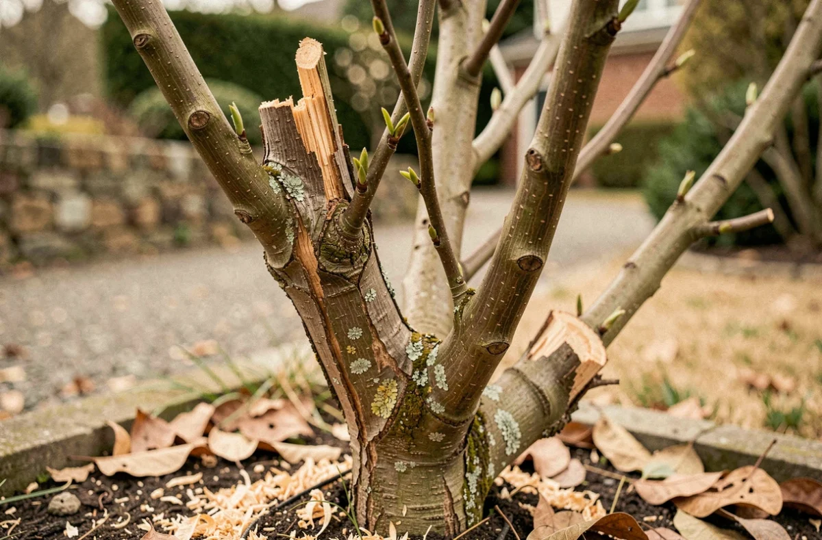 Gros plan sur les branches coupées sévèrement d'un vieux seringat montrant des souches bois et de rares repousses