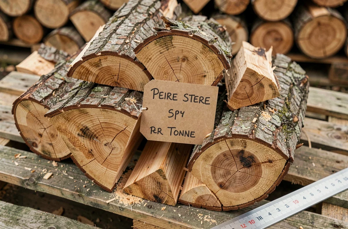 Vue rapprochée de bûches de bois en grume sur une palette avec étiquette de prix par stère et par tonne