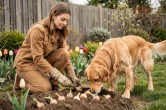 Femme jardiniière surveillant des bulbes de tulipes en terre avec un chien curieux dans un jardin familial au printemps