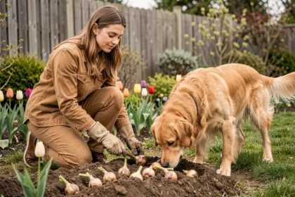 Femme jardiniière surveillant des bulbes de tulipes en terre avec un chien curieux dans un jardin familial au printemps