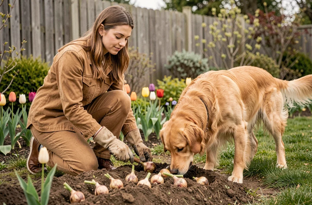 Femme jardiniière surveillant des bulbes de tulipes en terre avec un chien curieux dans un jardin familial au printemps