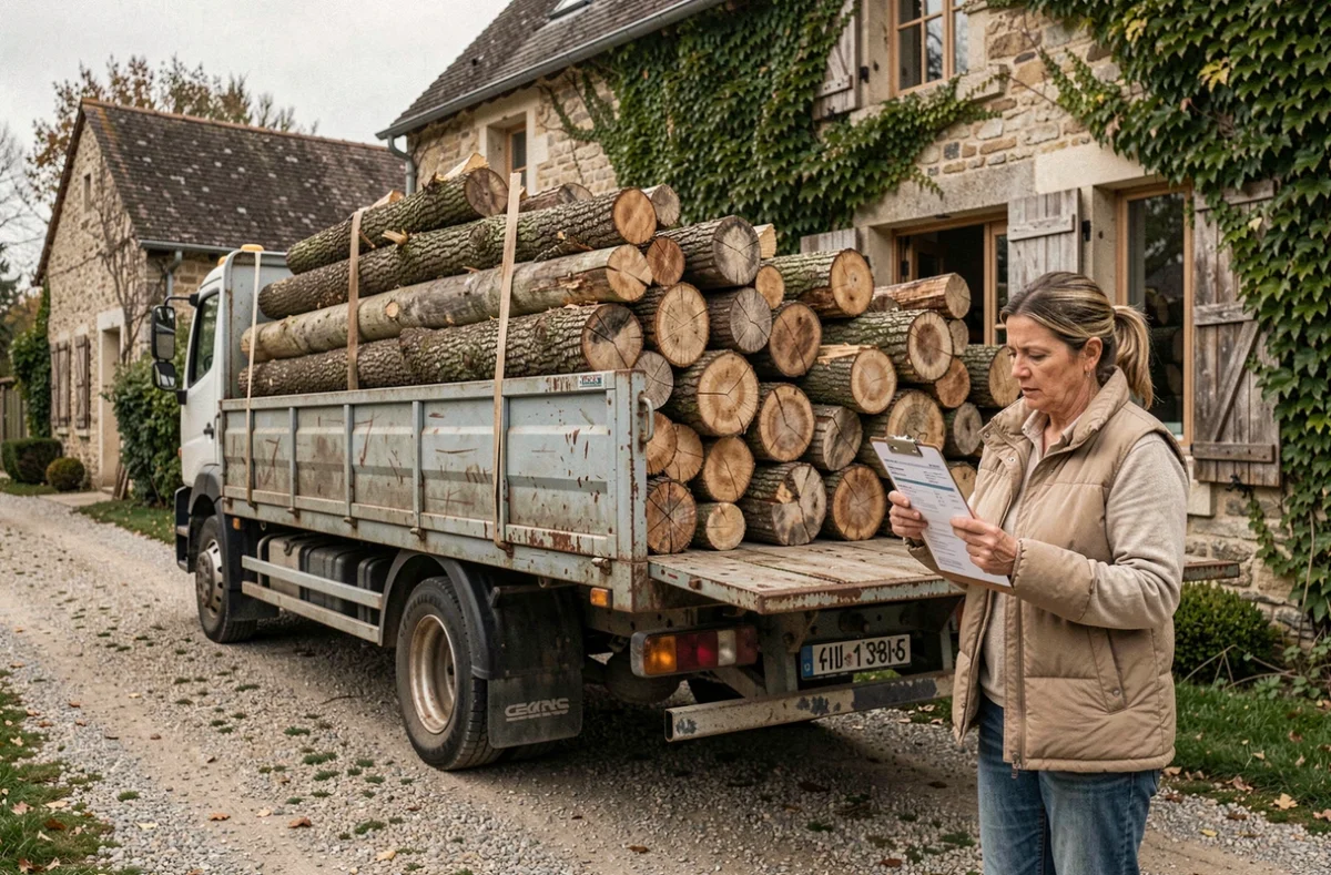 Camion de livraison rempli de bois de chauffage en grume garé devant une ferme en pierre à la campagne