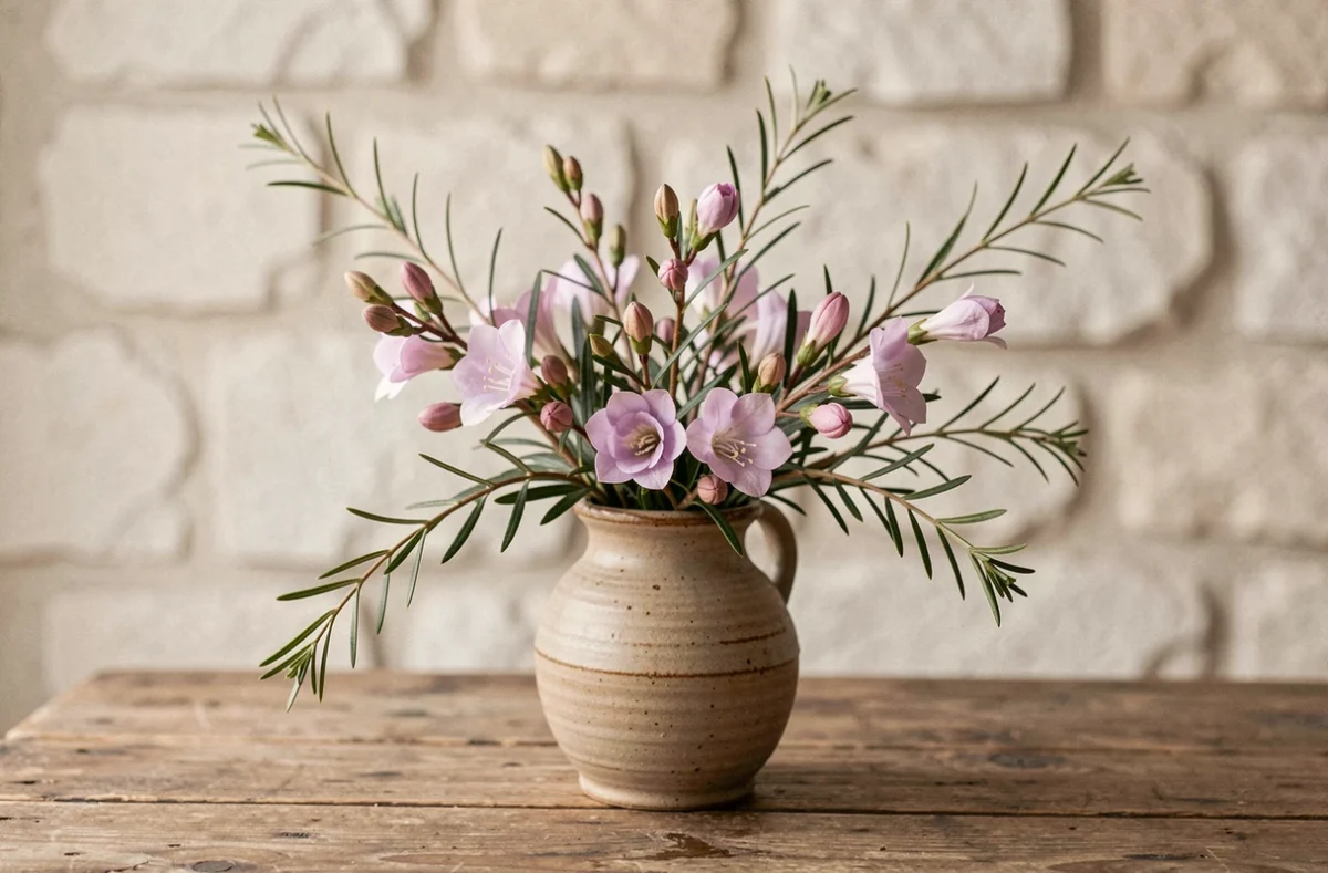 Bouquet de tiges coupées de Chamelaucium Geraldton Wax dans un vase céramique rustique sur table en bois