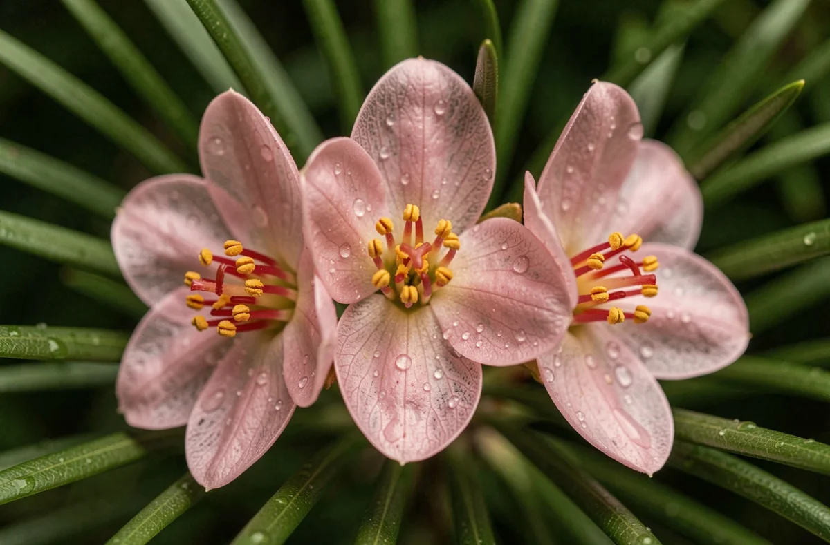 Gros plan détaillé des fleurs cireuses roses du Chamelaucium Geraldton Wax avec étamines et gouttes de rosée