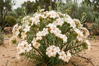 Arbuste Chamelaucium Geraldton Wax en pleine floraison avec fleurs blanc rosé dans un jardin australien naturel