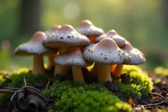 Champignons chanterelles ashgrey dans un jardin au matin