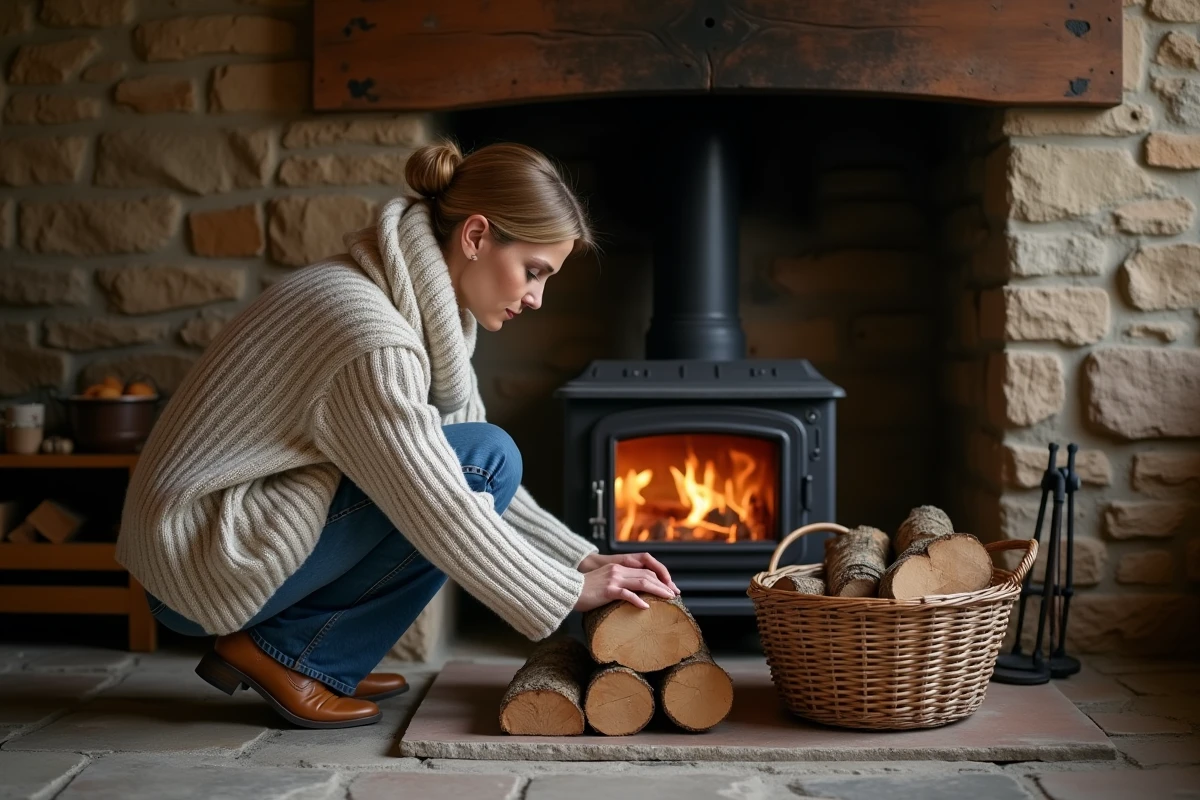 Femme chargeant un poêle à bois en fonte avec des bûches de bois de chauffage sec dans une maison de campagne