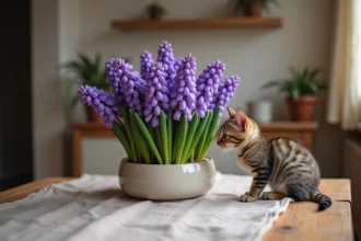 Chat tabby reniflant une jacinthe violette en pot sur une table en bois, plante toxique pour les animaux domestiques