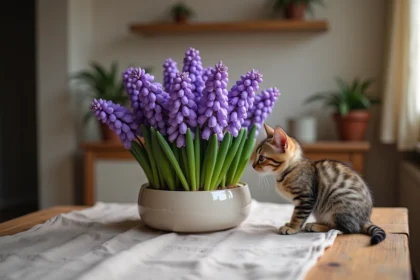 Chat tabby reniflant une jacinthe violette en pot sur une table en bois, plante toxique pour les animaux domestiques