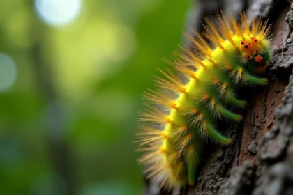 Chenille jaune et verte urticante vue en macro sur une écorce de chêne, montrant ses poils irritants caractéristiques