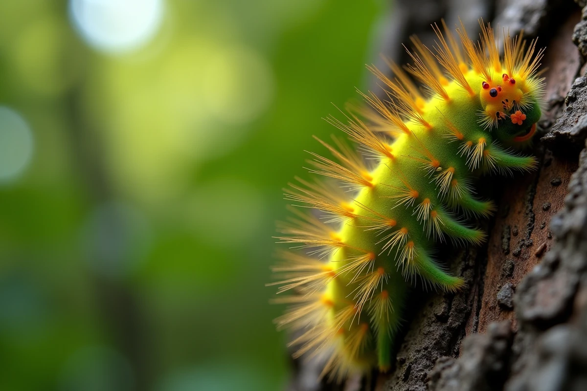 Chenille jaune et verte urticante vue en macro sur une écorce de chêne, montrant ses poils irritants caractéristiques