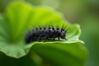 Gros plan d'une chenille noire sur une feuille verte