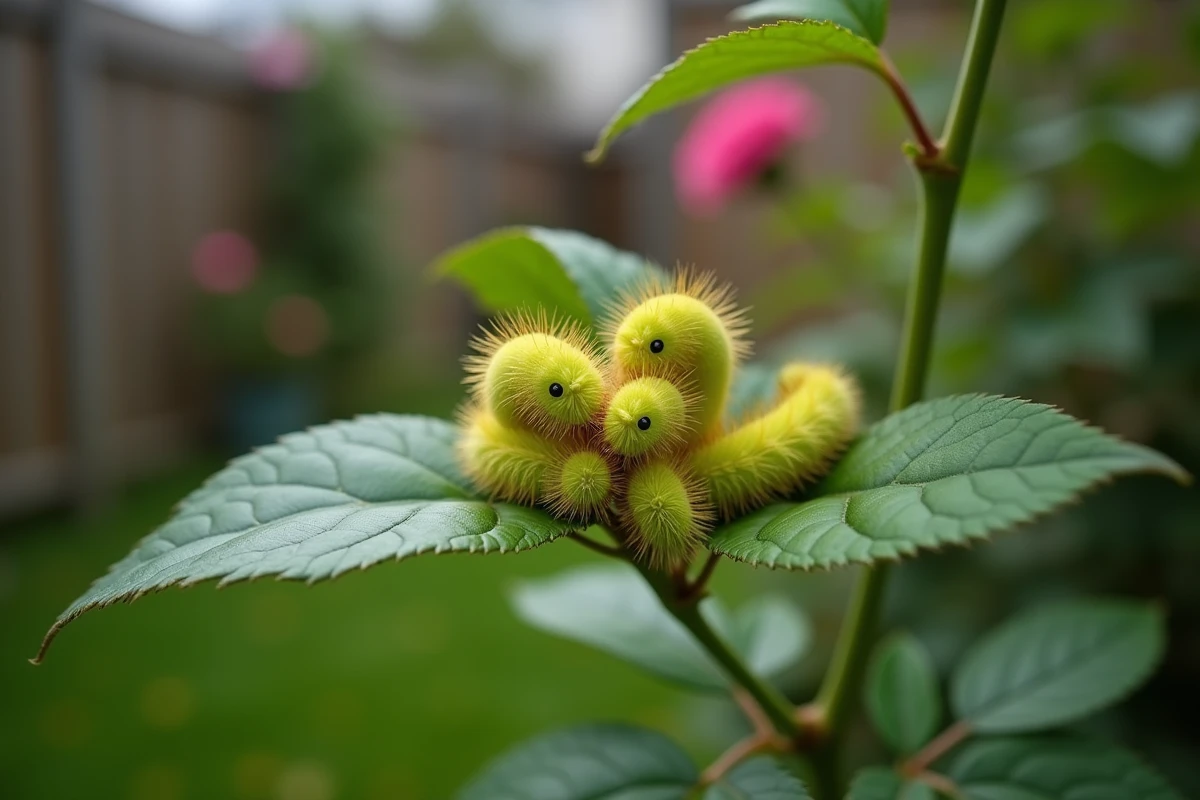 Groupe de chenilles jaunes et vertes toxiques regroupées sur une feuille de rosier dans un jardin de banlieue