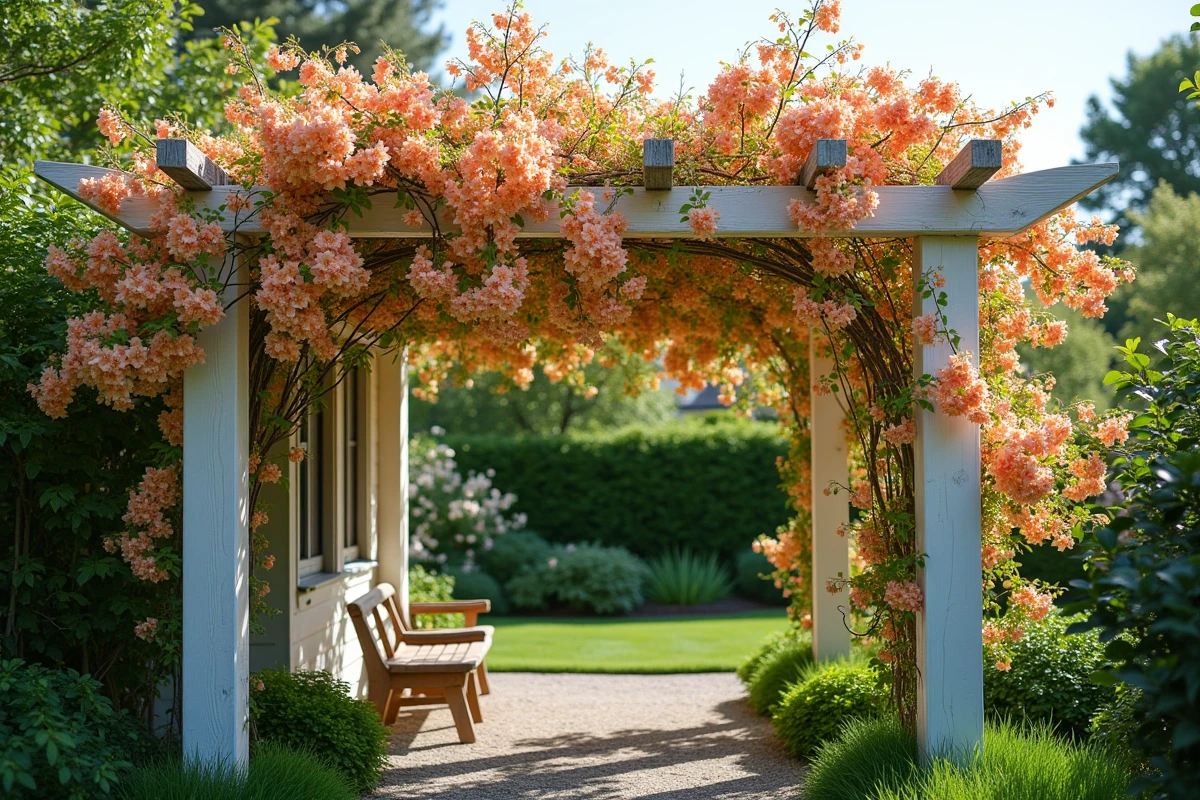 Chèvrefeuille en pleine floraison sur une pergola en bois blanc dans un jardin résidentiel