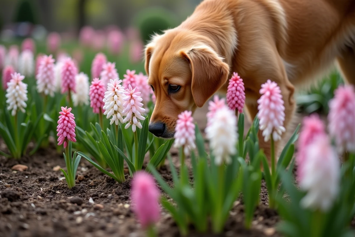 Chien golden retriever près d'un parterre de jacinthes roses au jardin, risque de toxicité pour les chiens