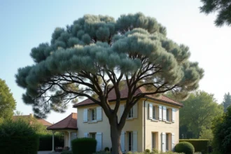 Eucalyptus Cider Gum planté à distance réglementaire d'une maison en pierre dans un jardin suburban français